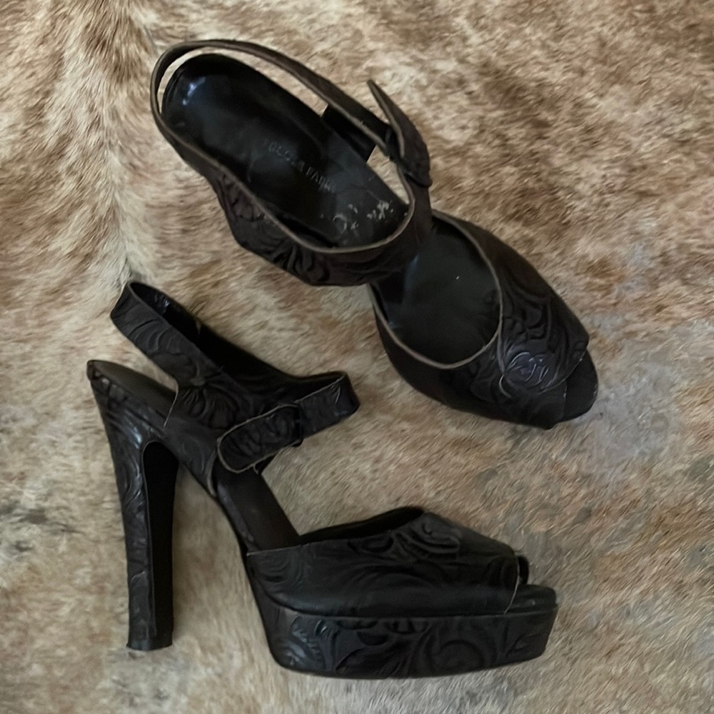 Nicole Farhi peep toe platforms with embossed leather, neutral, gorgeous brown
